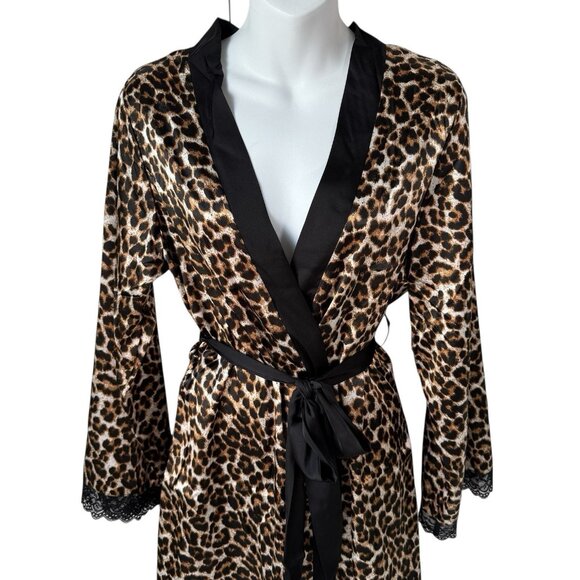New Leopard Print Robe Womens Medium Long Sleeve Black Lace Trim Satin Mob Wife - Picture 2 of 14